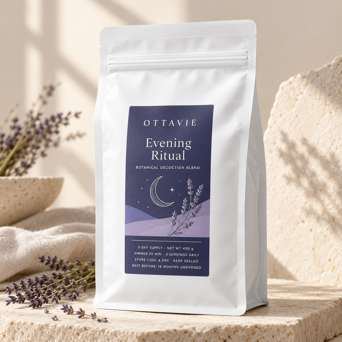 OTTAVIE Evening Ritual botanical simmer blend beside a calm bedtime cup