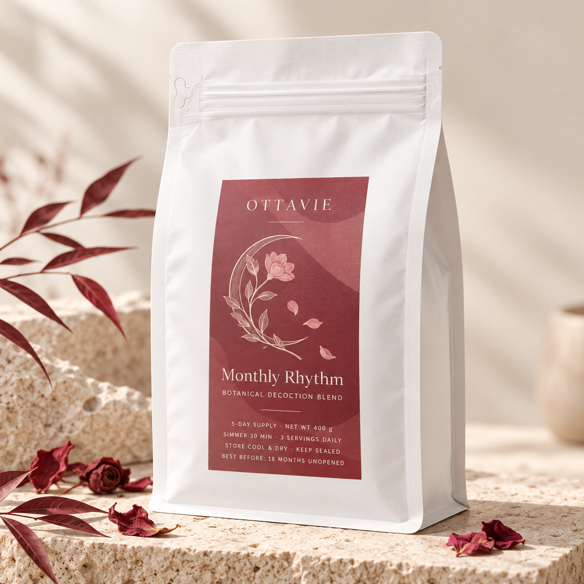 OTTAVIE Monthly Rhythm botanical simmer blend in white pouch with warm cup
